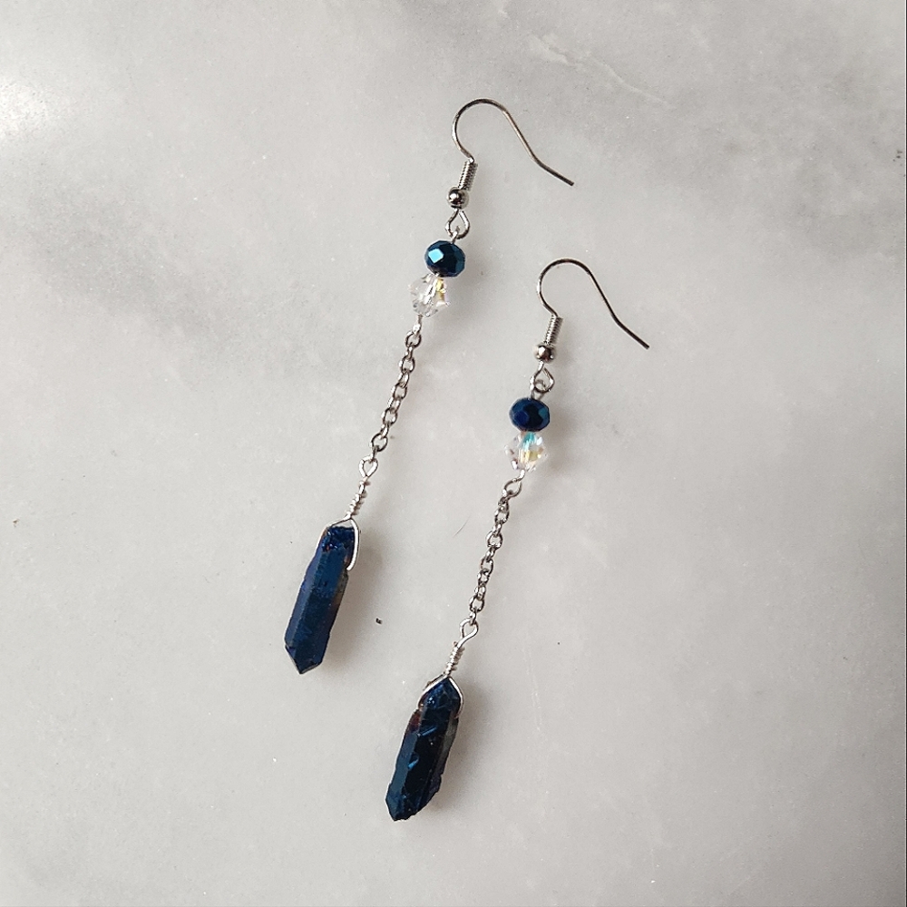 Handmade Blue Electroplated Quartz Earrings